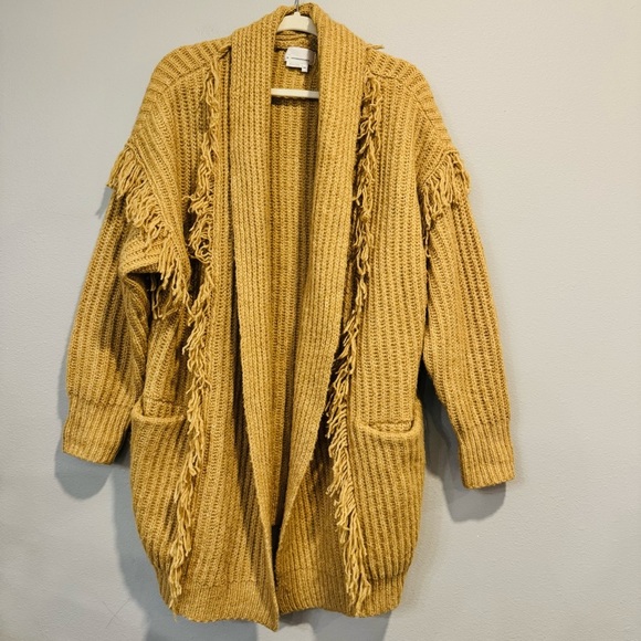 Anthropologie Amanza Fringed Cardigan Fringed Pockets Mustard XS/S - Picture 2 of 6
